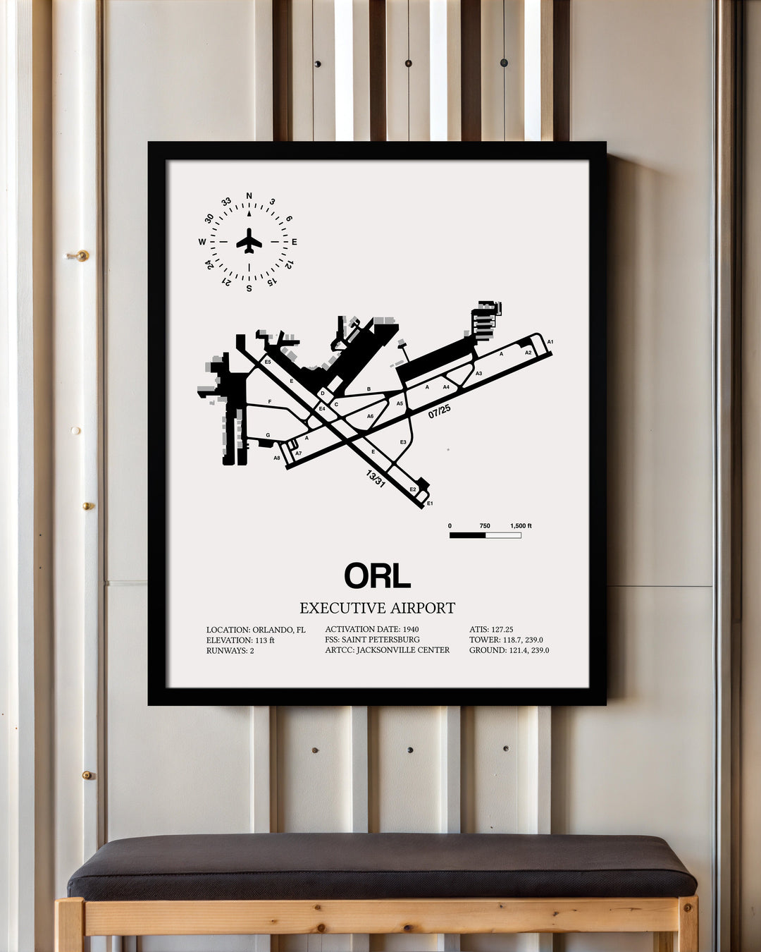 Framed Detailed Airport Map of Executive Airport (ORL) in White with a Black Frame