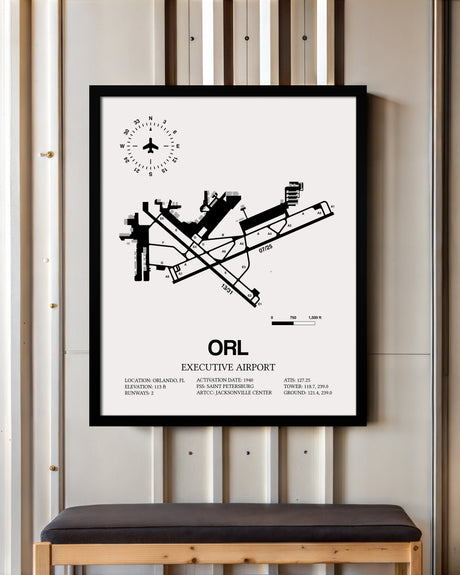 Framed Detailed Airport Map of Executive Airport (ORL) in White with a Black Frame