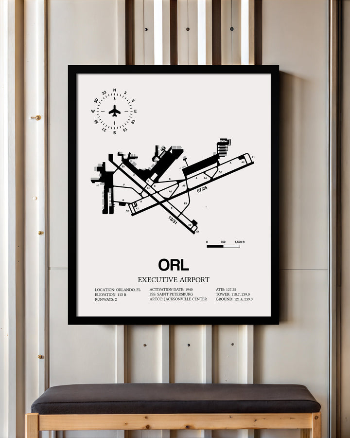 Framed Detailed Airport Map of Executive Airport (ORL) in White with a Black Frame
