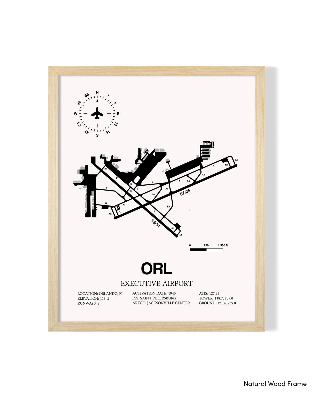 Detailed Airport Map of Executive Airport (ORL) in White with a Natural Frame
