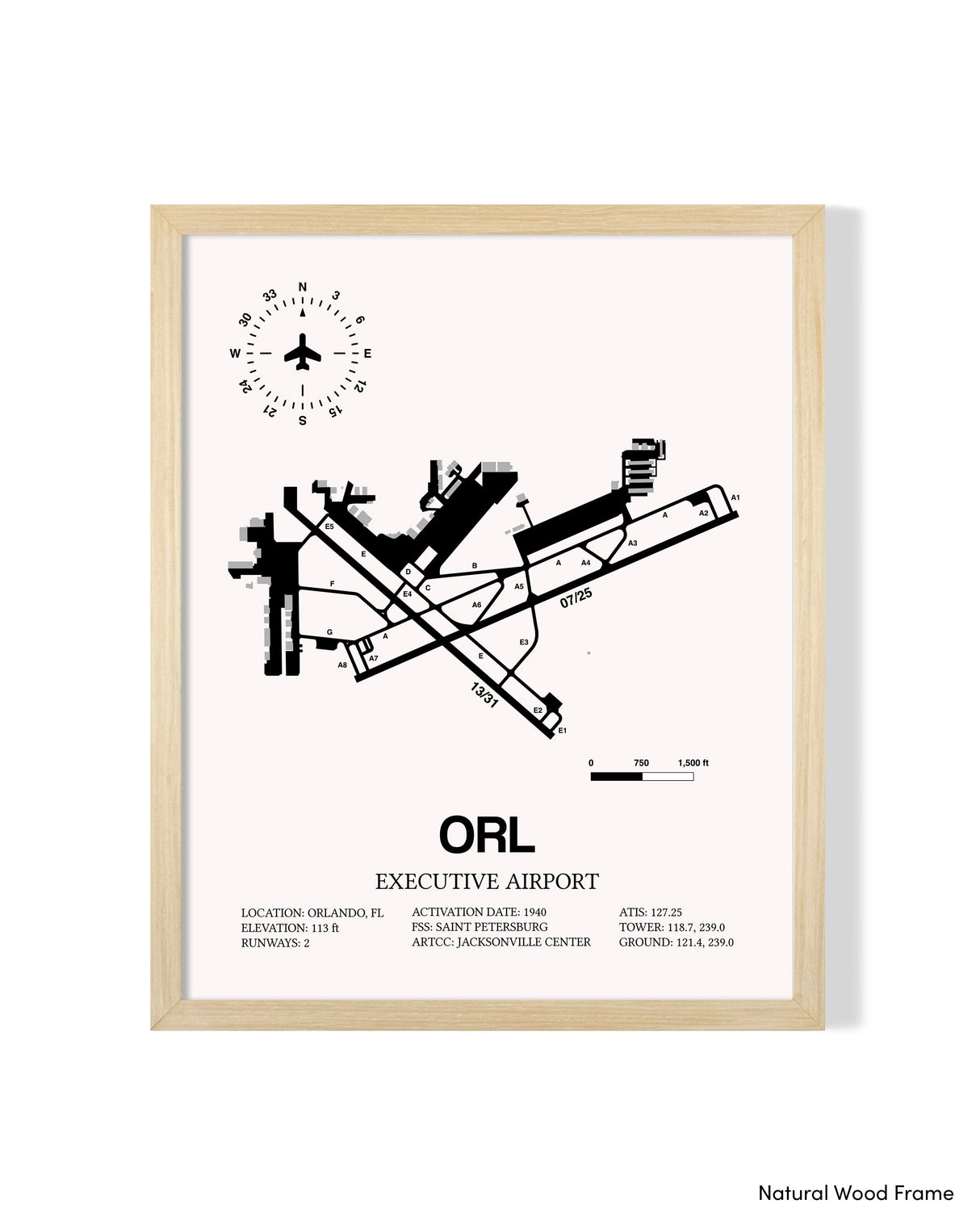Detailed Airport Map of Executive Airport (ORL) in White with a Natural Frame