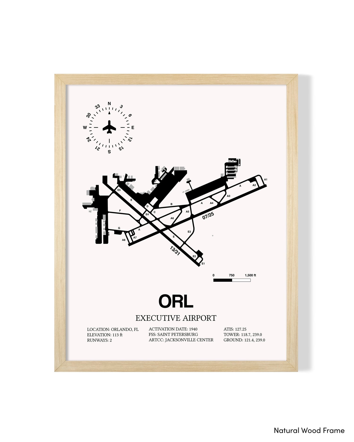 Detailed Airport Map of Executive Airport (ORL) in White with a Natural Frame