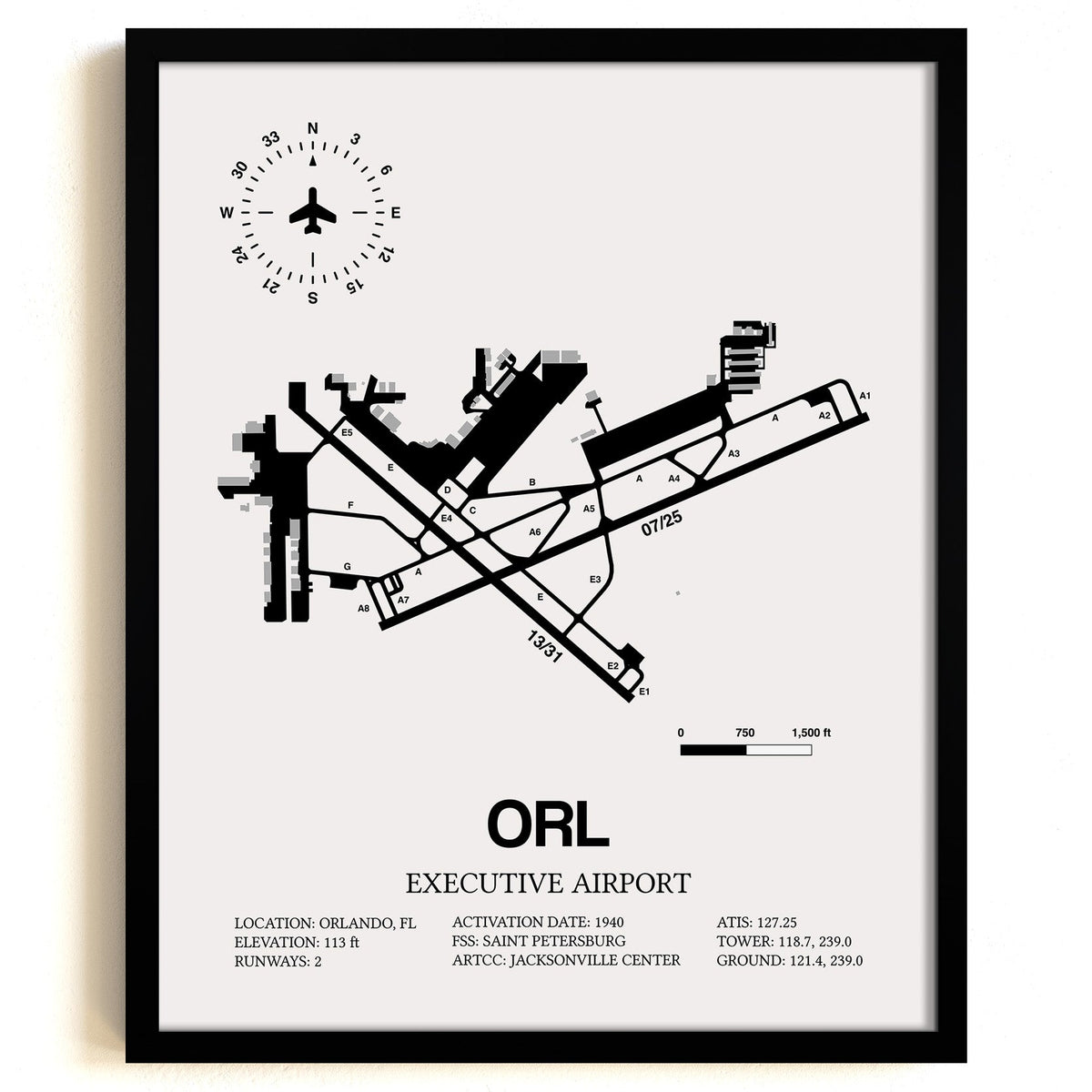 Framed Detailed Airport Map of Executive Airport (ORL) in White with a Black Frame