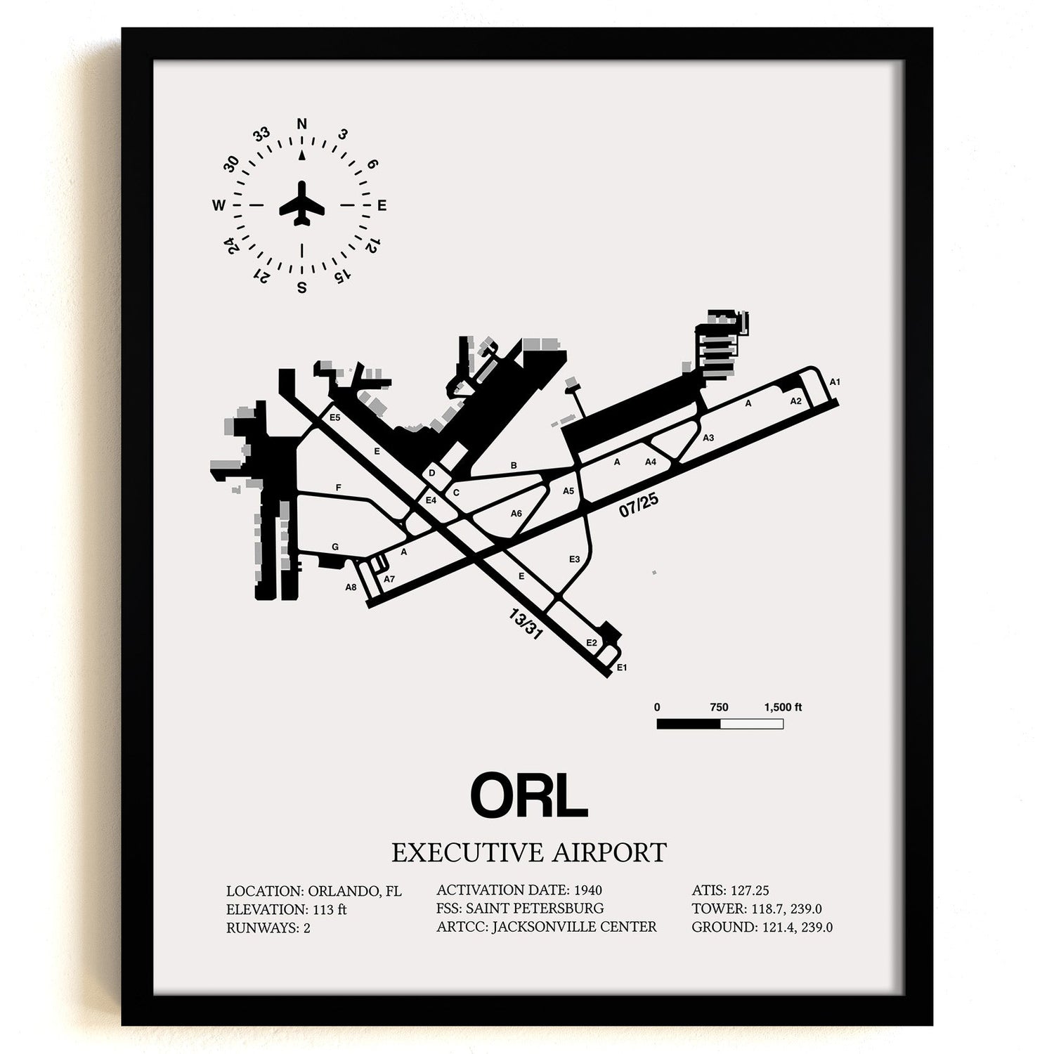 Framed Detailed Airport Map of Executive Airport (ORL) in White with a Black Frame