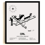 Framed Detailed Airport Map of Executive Airport (ORL) in White with a Black Frame