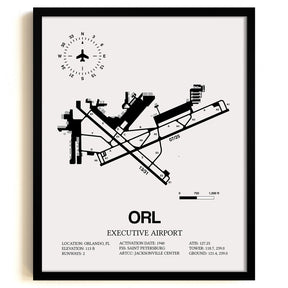 Framed Detailed Airport Map of Executive Airport (ORL) in White with a Black Frame