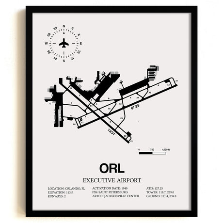Framed Detailed Airport Map of Executive Airport (ORL) in White with a Black Frame