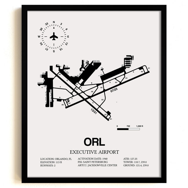 Framed Detailed Airport Map of Executive Airport (ORL) in White with a Black Frame