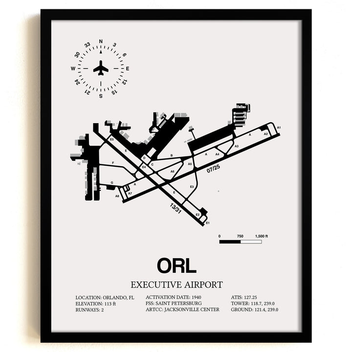 Framed Detailed Airport Map of Executive Airport (ORL) in White with a Black Frame