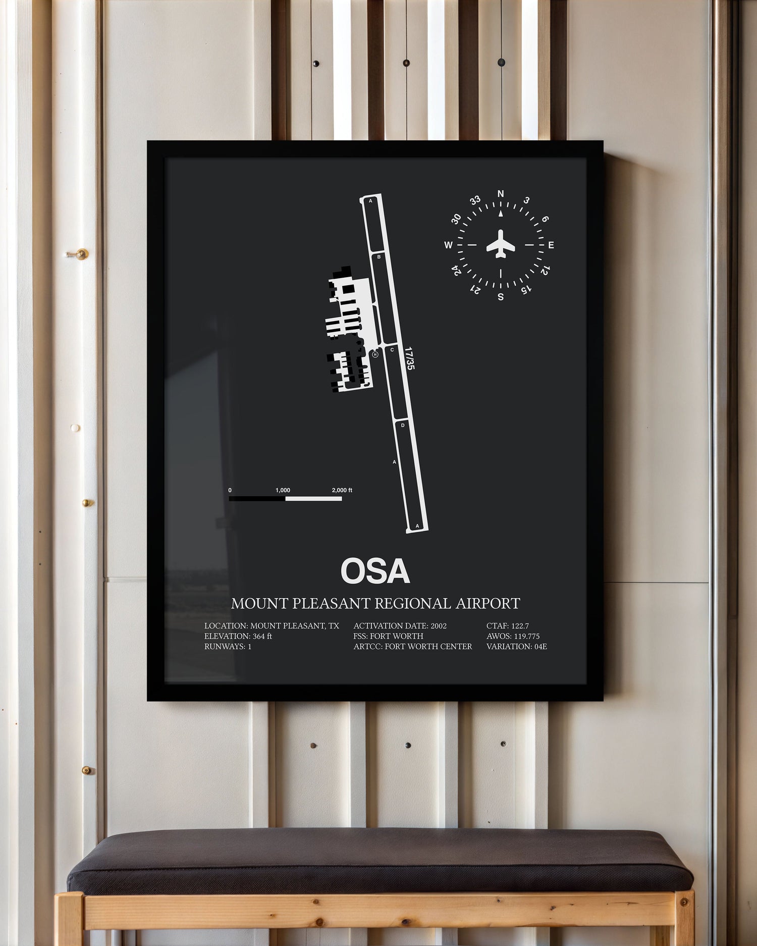 Framed Detailed Airport Map of Mount Pleasant Regional Airport (OSA) in Gray with a Black Frame