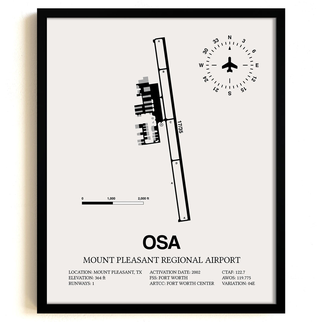 Framed Detailed Airport Map of Mount Pleasant Regional Airport (OSA) in White with a Black Frame