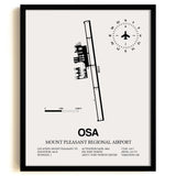 Framed Detailed Airport Map of Mount Pleasant Regional Airport (OSA) in White with a Black Frame