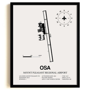 Framed Detailed Airport Map of Mount Pleasant Regional Airport (OSA) in White with a Black Frame