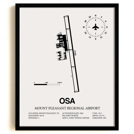 Framed Detailed Airport Map of Mount Pleasant Regional Airport (OSA) in White with a Black Frame