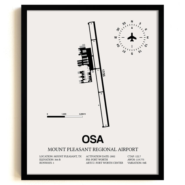 Framed Detailed Airport Map of Mount Pleasant Regional Airport (OSA) in White with a Black Frame