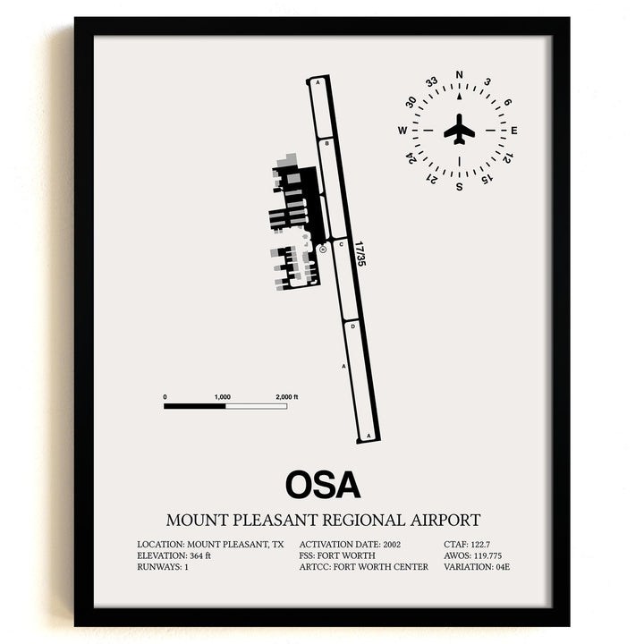 Framed Detailed Airport Map of Mount Pleasant Regional Airport (OSA) in White with a Black Frame