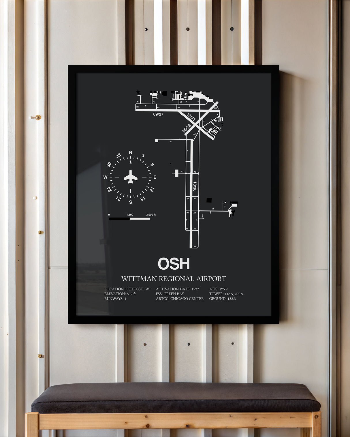 Framed Detailed Airport Map of Wittman Regional Airport (OSH) in Gray with a Black Frame