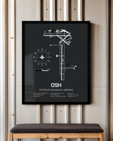 Framed Detailed Airport Map of Wittman Regional Airport (OSH) in Gray with a Black Frame