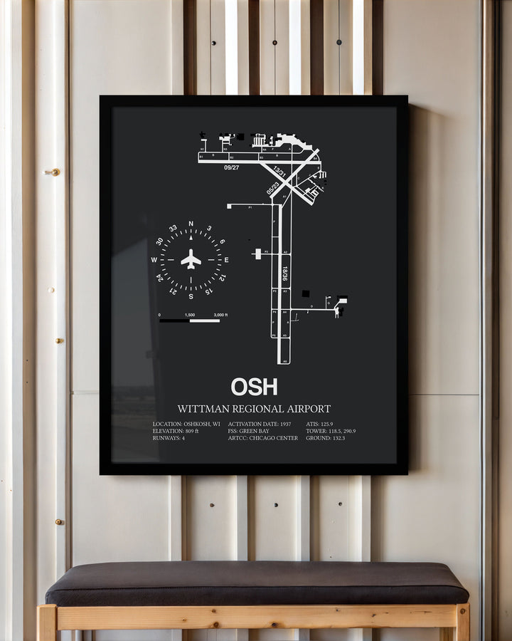 Framed Detailed Airport Map of Wittman Regional Airport (OSH) in Gray with a Black Frame