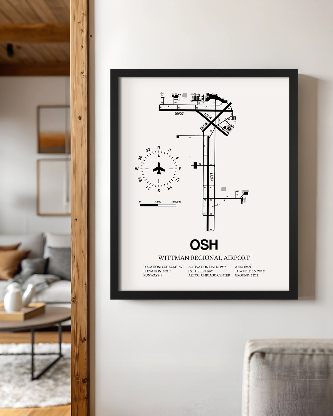 Framed Detailed Airport Map of Wittman Regional Airport (OSH) in White with a Black Frame