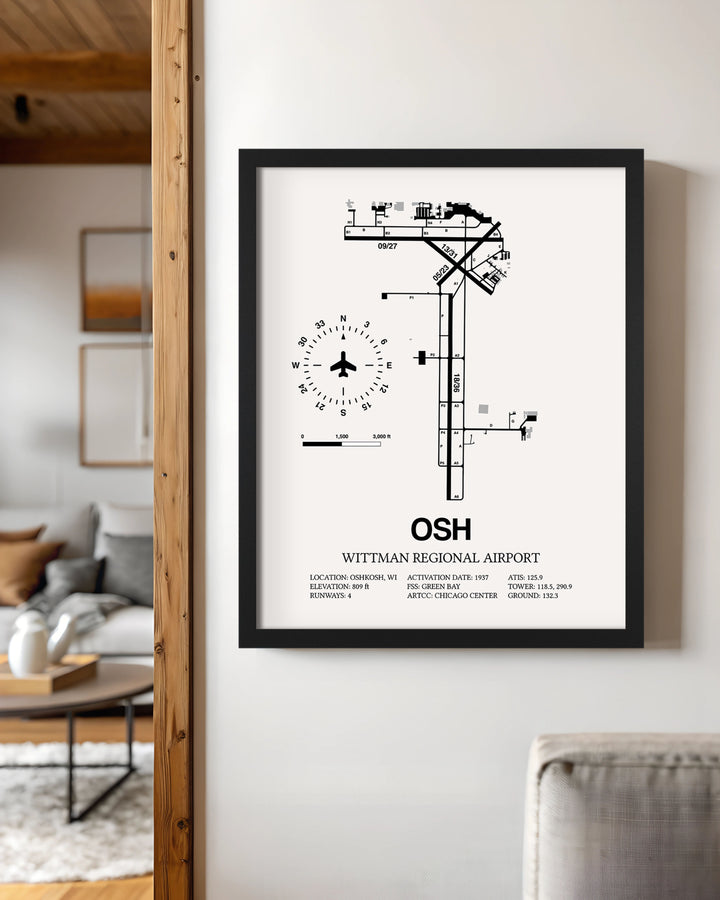 Framed Detailed Airport Map of Wittman Regional Airport (OSH) in White with a Black Frame