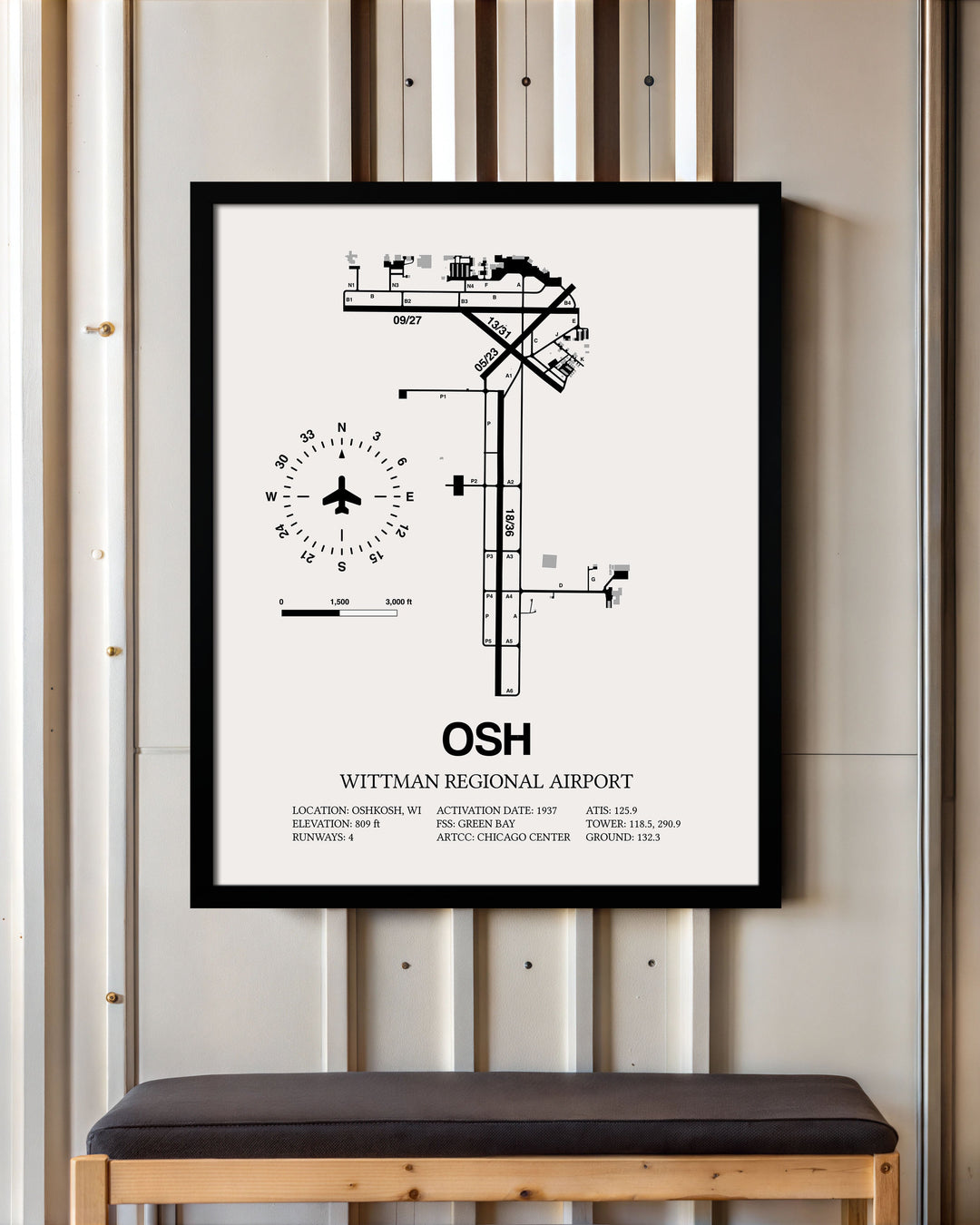 Framed Detailed Airport Map of Wittman Regional Airport (OSH) in White with a Black Frame