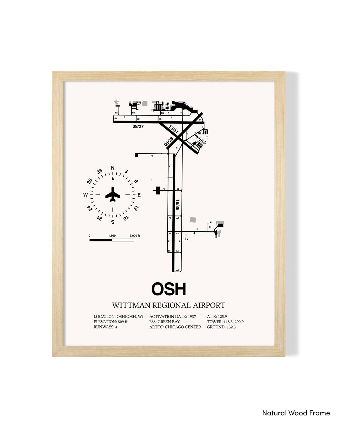 Detailed Airport Map of Wittman Regional Airport (OSH) in White with a Natural Frame