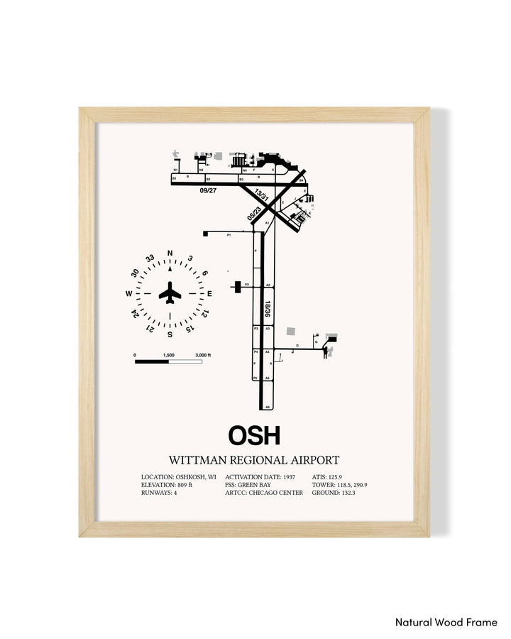 Detailed Airport Map of Wittman Regional Airport (OSH) in White with a Natural Frame