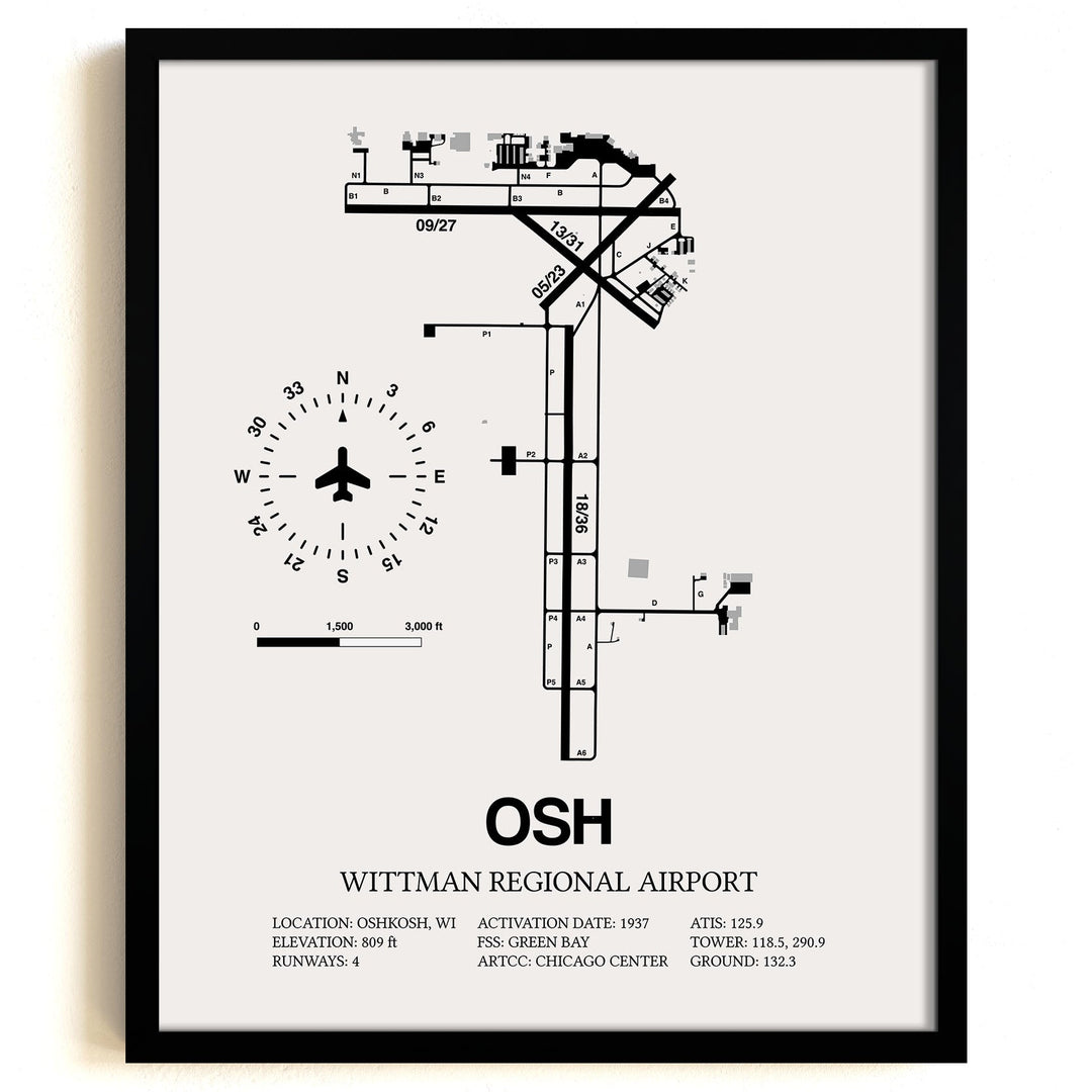 Framed Detailed Airport Map of Wittman Regional Airport (OSH) in White with a Black Frame