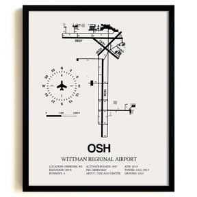 Framed Detailed Airport Map of Wittman Regional Airport (OSH) in White with a Black Frame