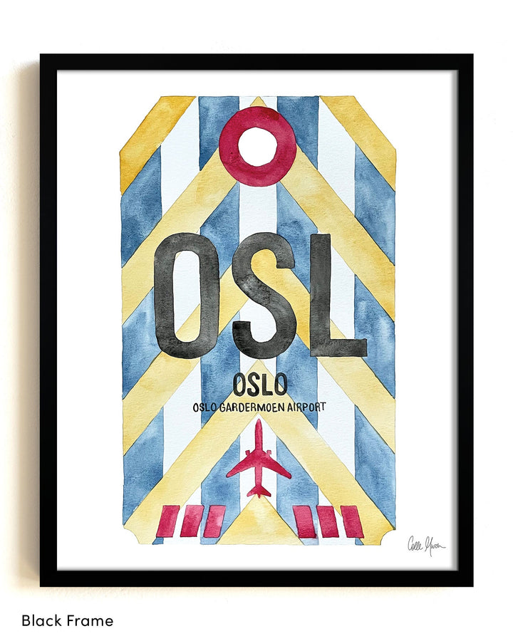 Framed Watercolor Print of Oslo lufthavn Airport (OSL) with a Black Frame
