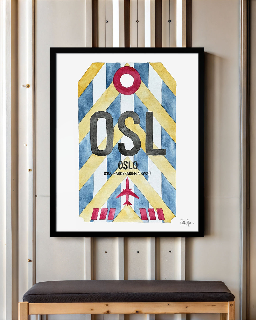 Framed Watercolor Print of Oslo lufthavn Airport (OSL) with a Black Frame