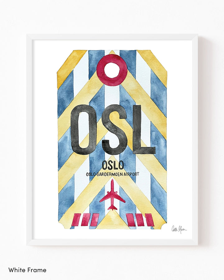Framed Watercolor Print of Oslo lufthavn Airport (OSL) with a White Frame