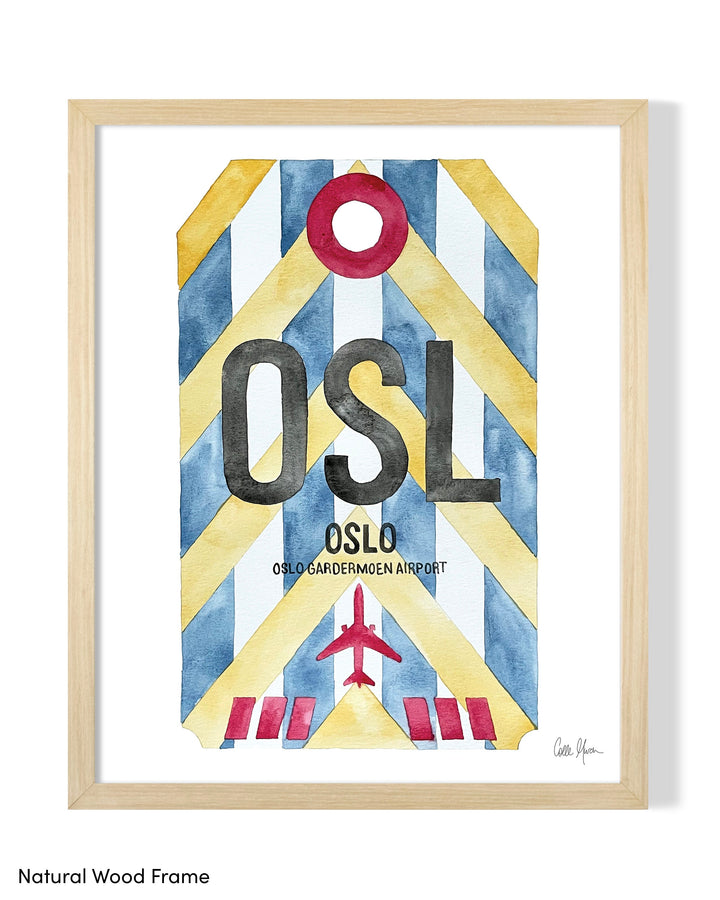 Framed Watercolor Print of Oslo lufthavn Airport (OSL) with a Natural Wood Frame