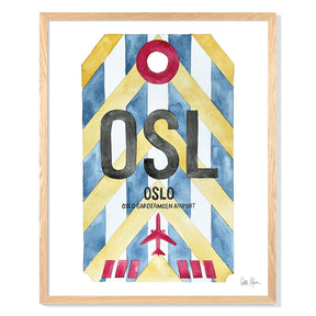 Framed Watercolor Print of Oslo lufthavn Airport (OSL) with an Oak Frame