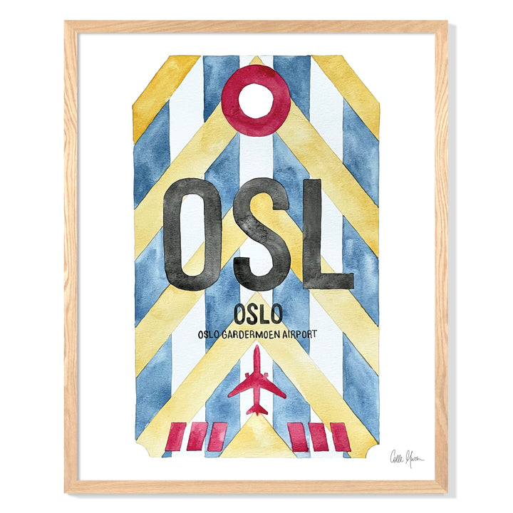 Framed Watercolor Print of Oslo lufthavn Airport (OSL) with an Oak Frame