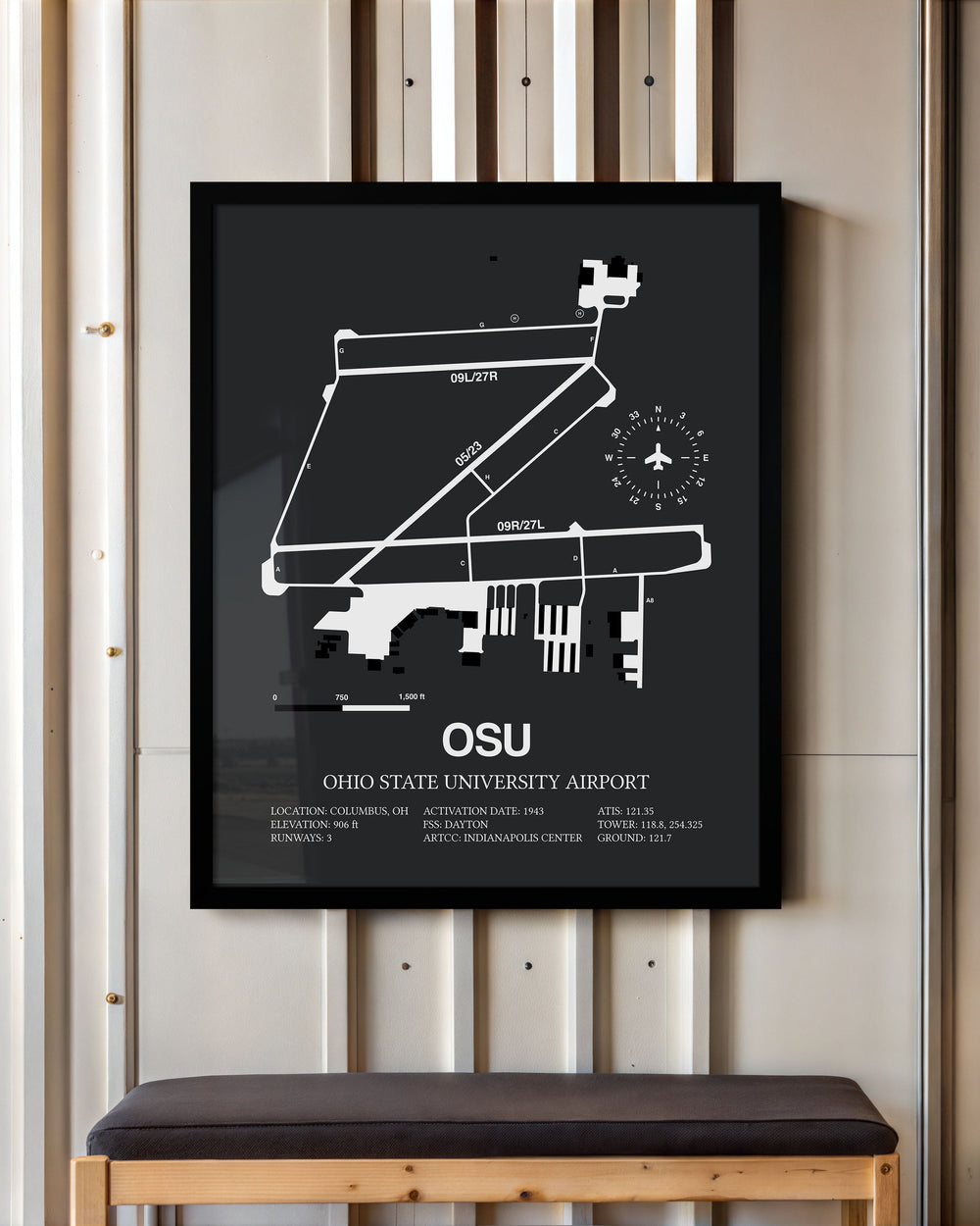Framed Detailed Airport Map of Ohio State University Airport (OSU) in Gray with a Black Frame