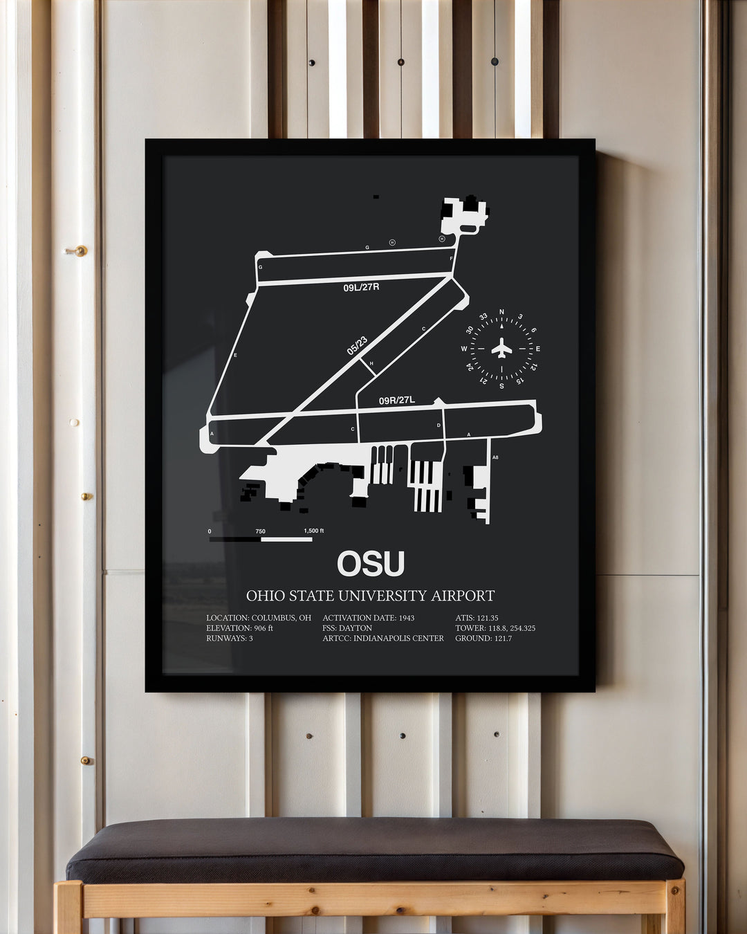 Framed Detailed Airport Map of Ohio State University Airport (OSU) in Gray with a Black Frame