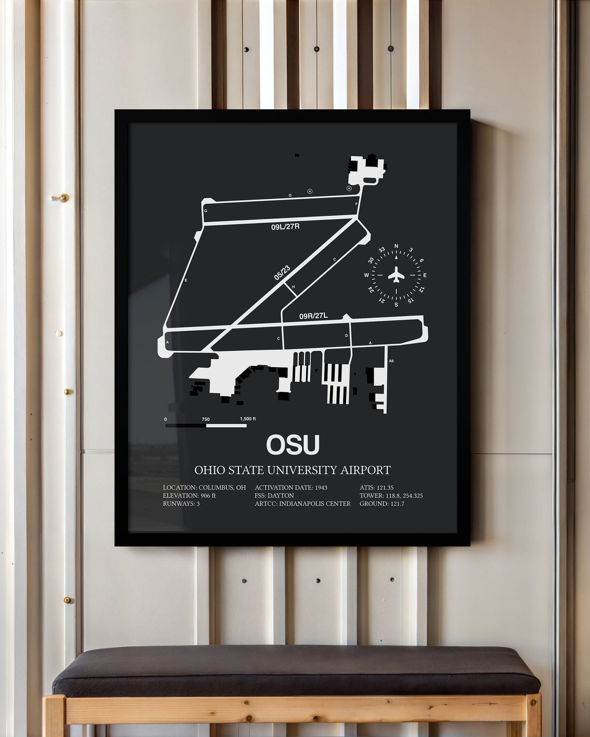 Framed Detailed Airport Map of Ohio State University Airport (OSU) in Gray with a Black Frame