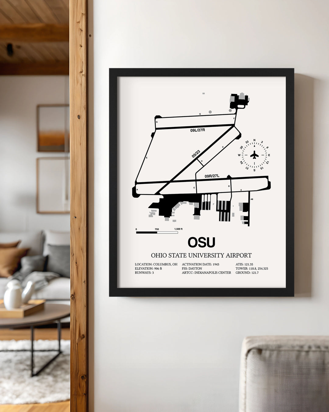 Framed Detailed Airport Map of Ohio State University Airport (OSU) in White with a Black Frame