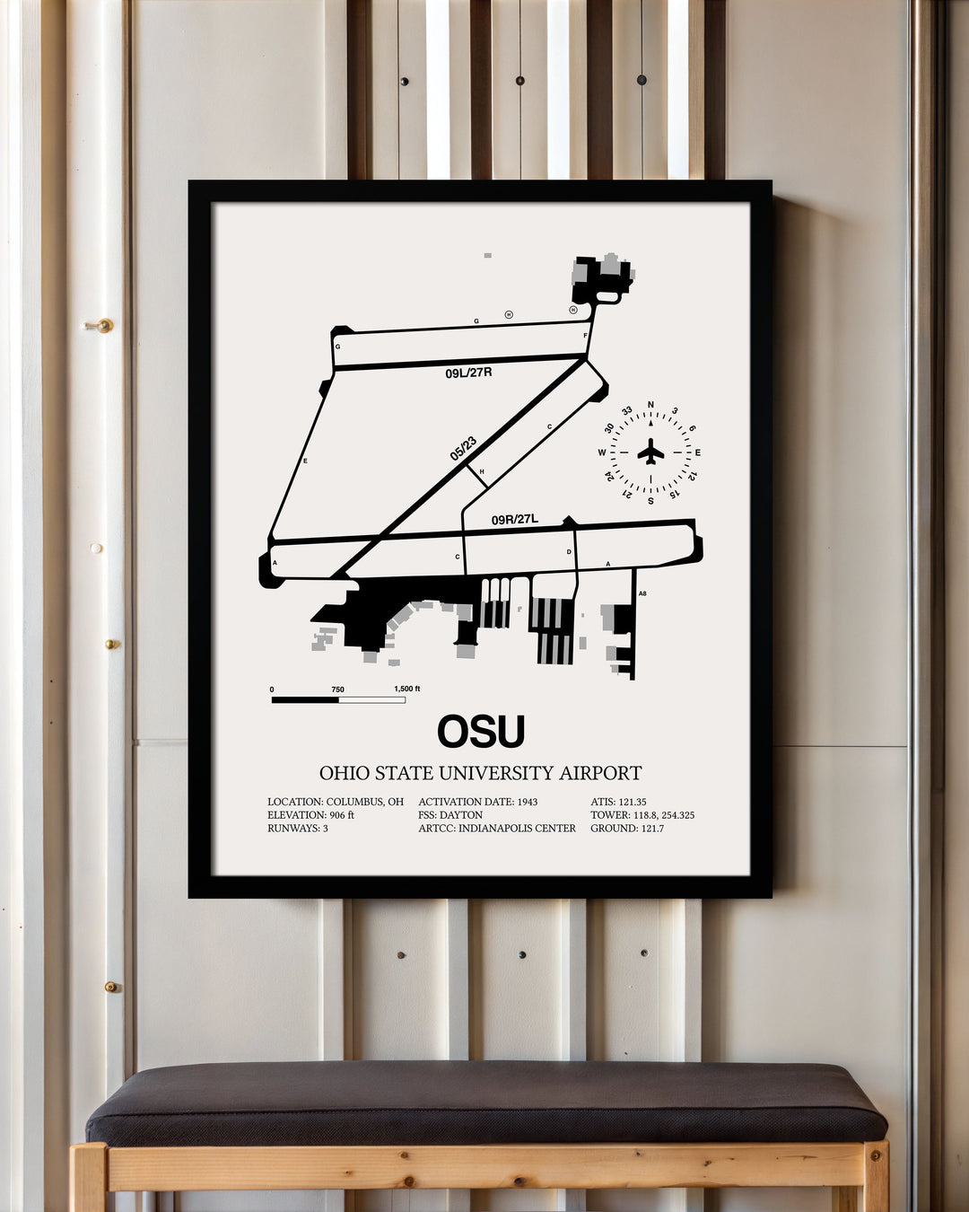 Framed Detailed Airport Map of Ohio State University Airport (OSU) in White with a Black Frame