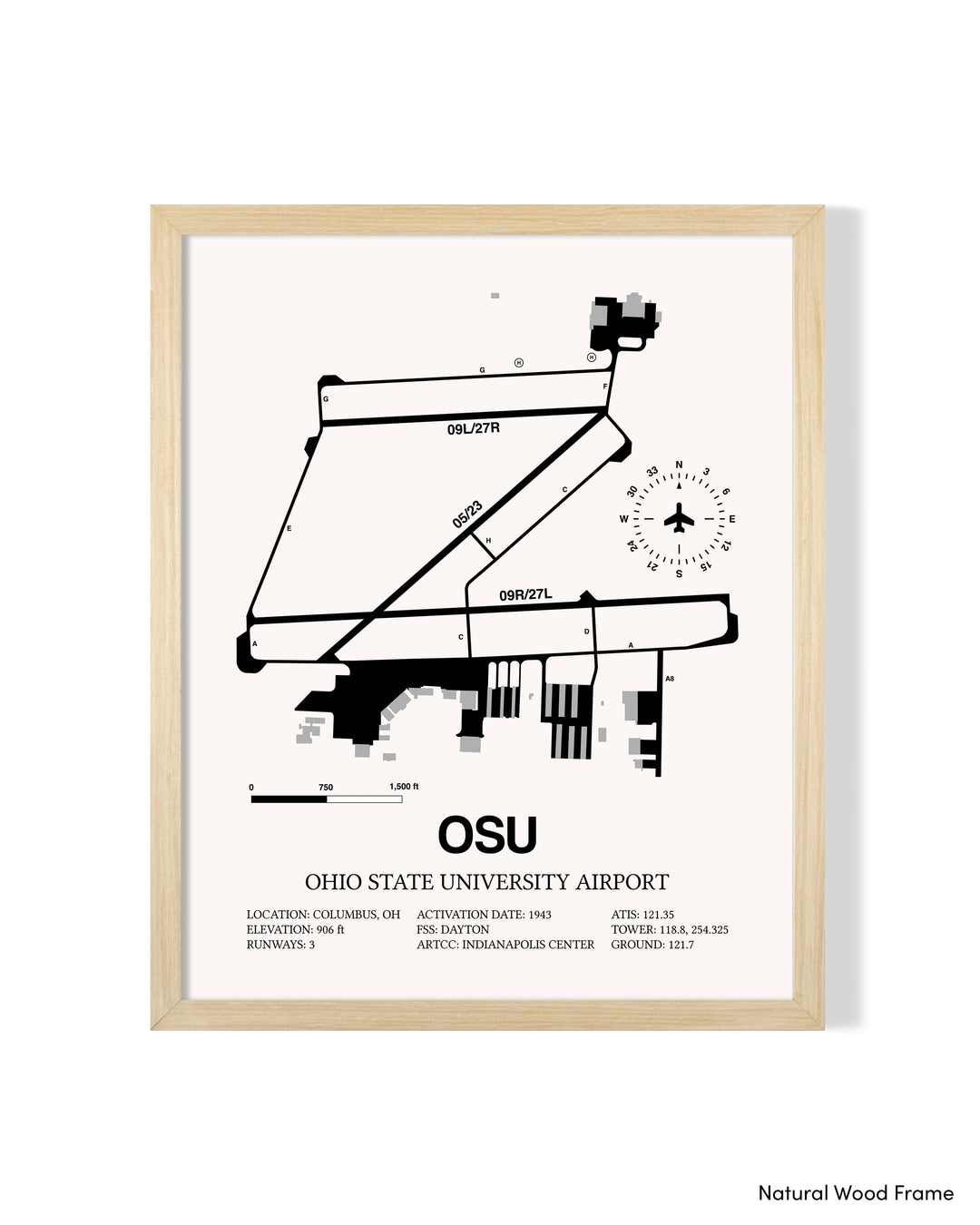 Detailed Airport Map of Ohio State University Airport (OSU) in White with a Natural Frame