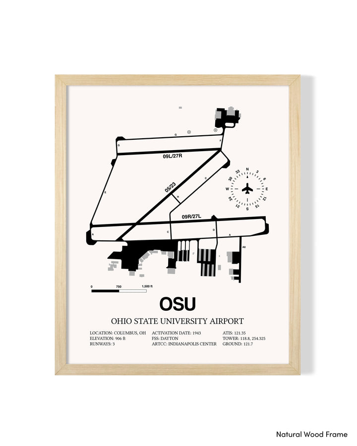 Detailed Airport Map of Ohio State University Airport (OSU) in White with a Natural Frame