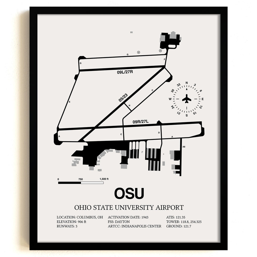 Framed Detailed Airport Map of Ohio State University Airport (OSU) in White with a Black Frame