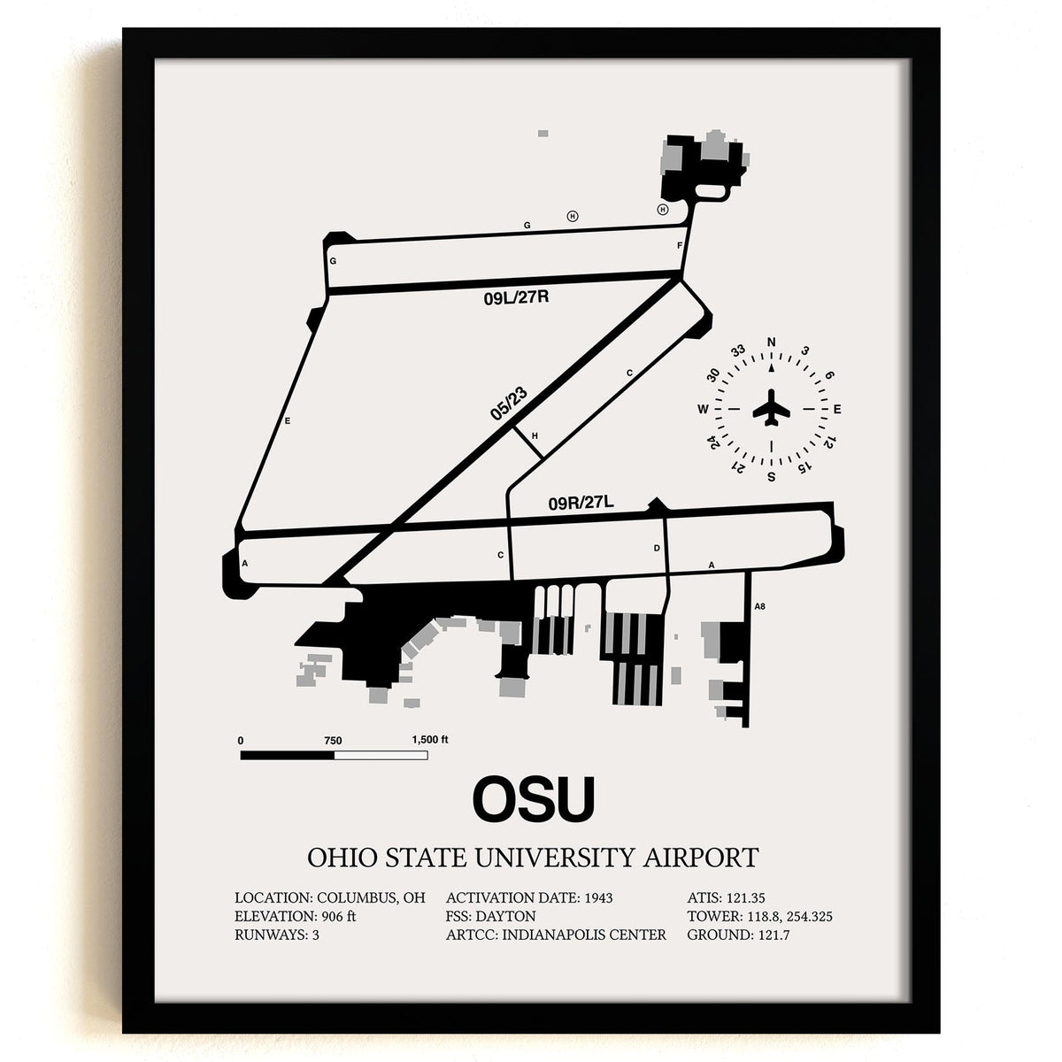 Framed Detailed Airport Map of Ohio State University Airport (OSU) in White with a Black Frame