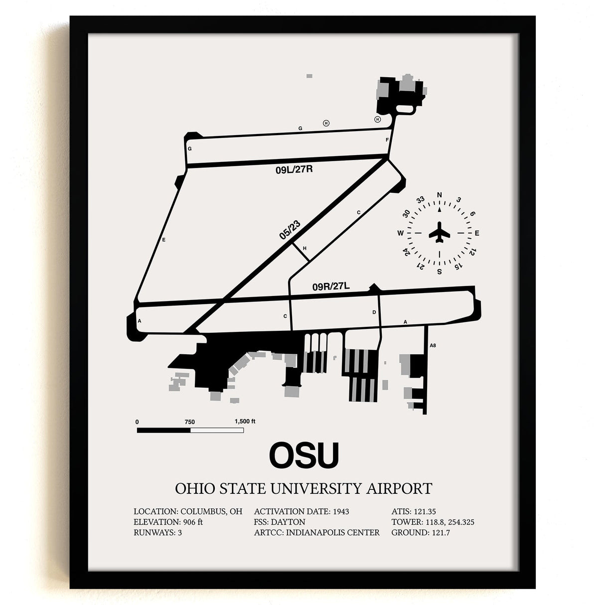Framed Detailed Airport Map of Ohio State University Airport (OSU) in White with a Black Frame