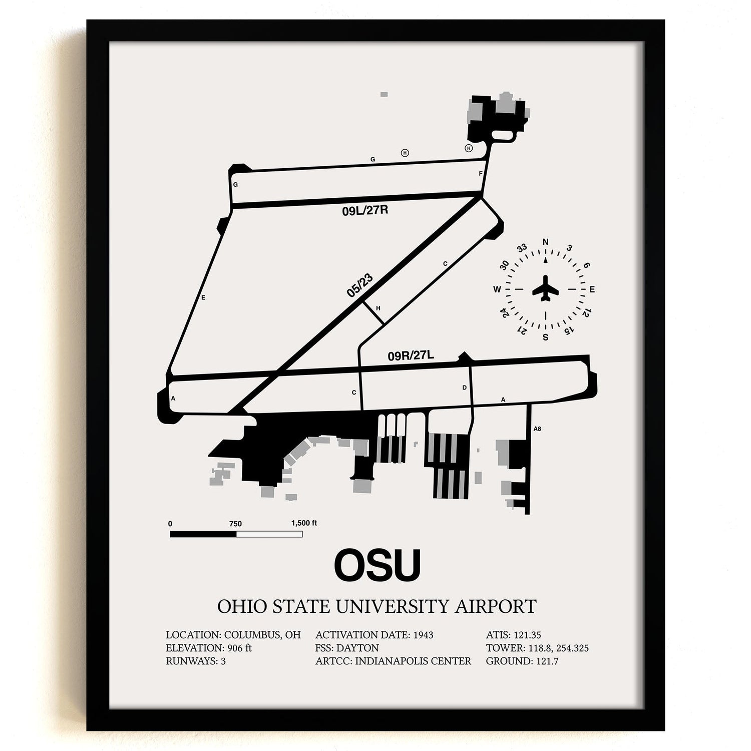 Framed Detailed Airport Map of Ohio State University Airport (OSU) in White with a Black Frame