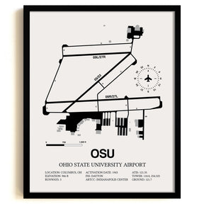 Framed Detailed Airport Map of Ohio State University Airport (OSU) in White with a Black Frame