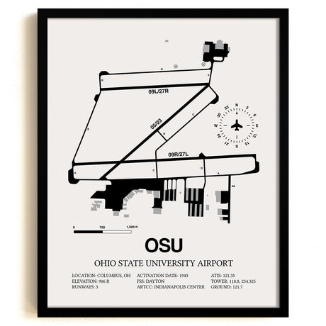 Framed Detailed Airport Map of Ohio State University Airport (OSU) in White with a Black Frame