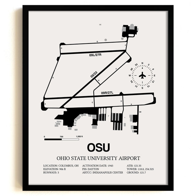 Framed Detailed Airport Map of Ohio State University Airport (OSU) in White with a Black Frame